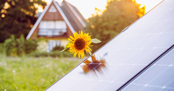 Small solar energy farm in countryside, next to a small household home. Renewable energy concept. Sun lens flare, golden hour, warm colors. Blurred small cute house in forest, powered by solar energy.